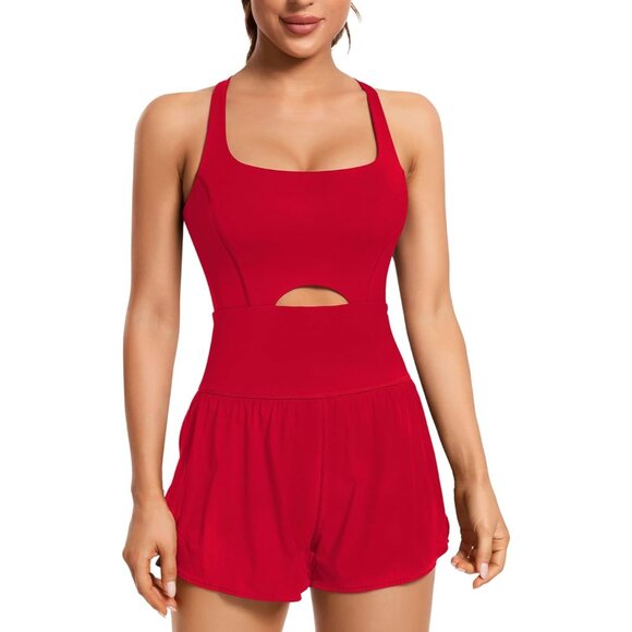 Women Red One Piece Fitted Onesie Overalls Workout Athletic Rompers Jumpsuits